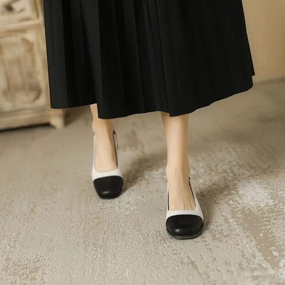 NWT Women's Contrast Color Chunky Heels, Elegant Square Toe Dress Pumps - Picture 4 of 6